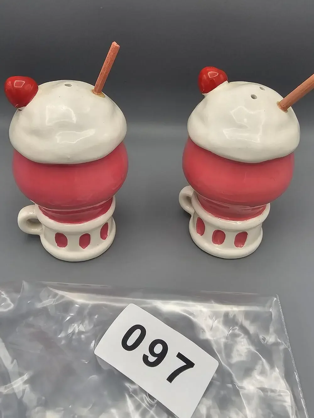Vintage Lego Ceramic Salt and Pepper Shakers - Strawberry Milkshake Design
